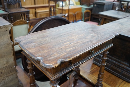 A pair of 18th century style French provincial pine side tables with X shaped stretchers, width 74cm, depth 45cm, height 72cm